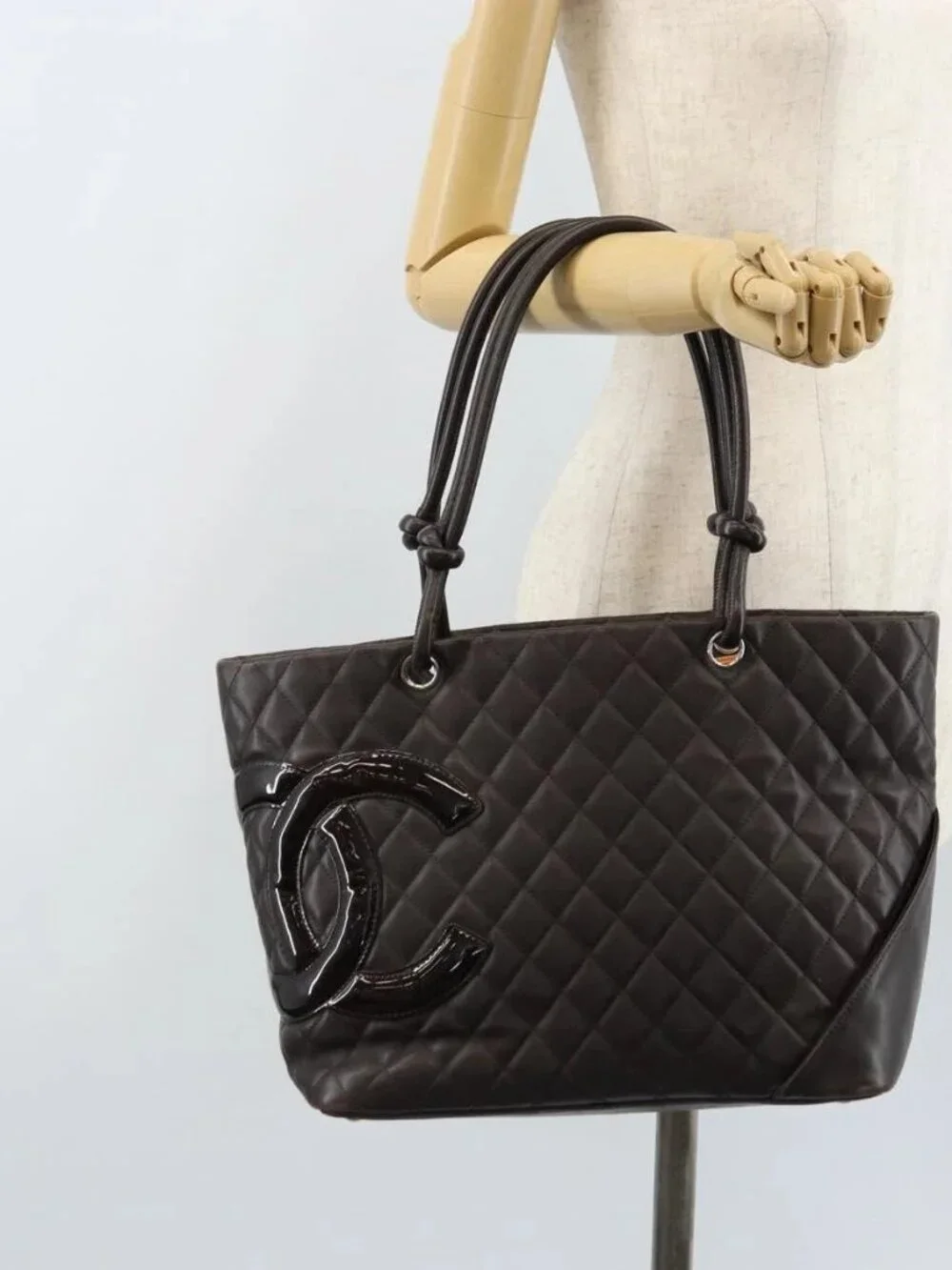 CHANEL Cambon Line Matelasse Tote Bag Leather Brown Silver CC Auth 170655